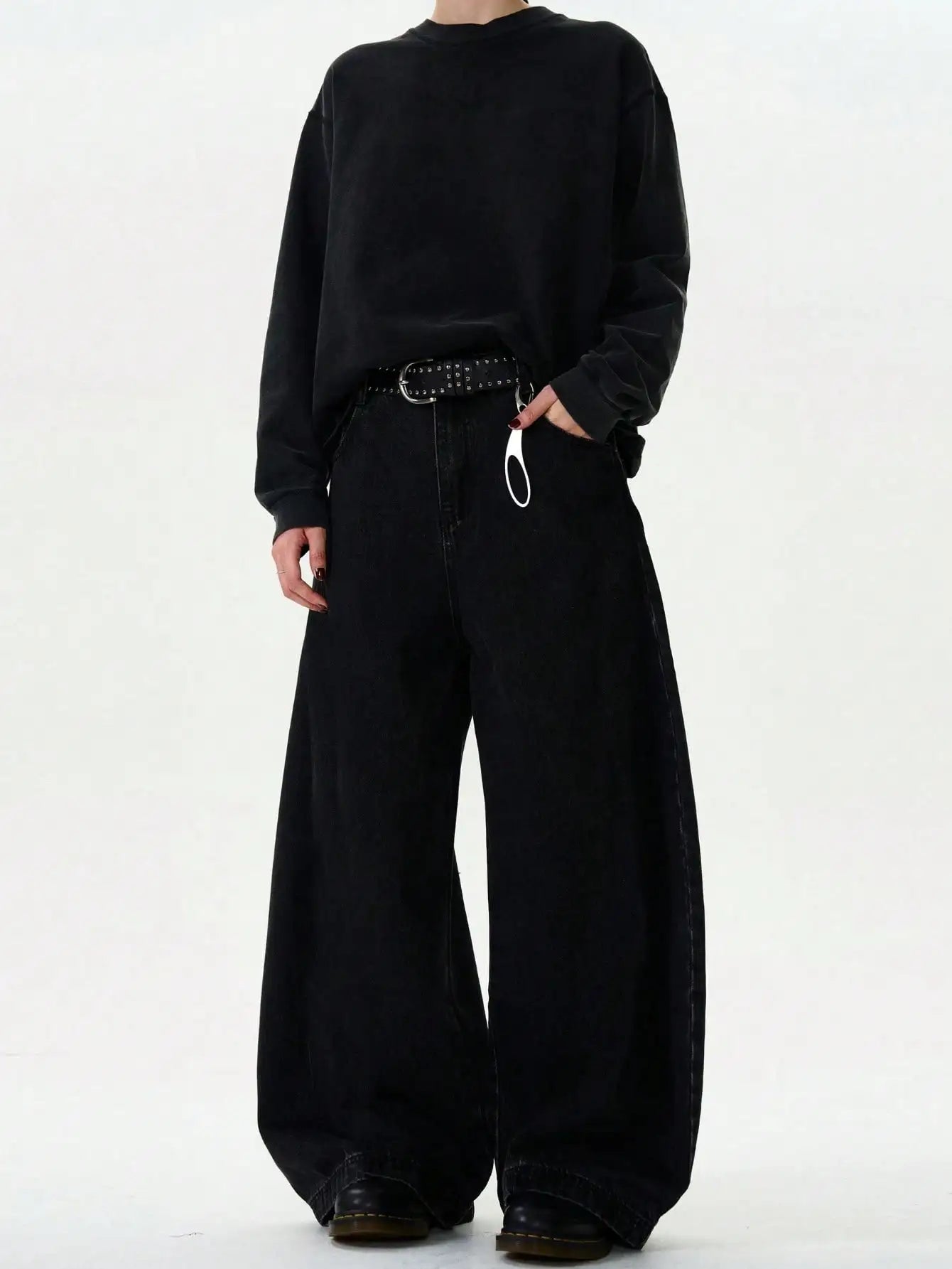 Men's American Baggy Wide Leg Curved Denim Jeans – Loose Solid Color Trendy Trousers