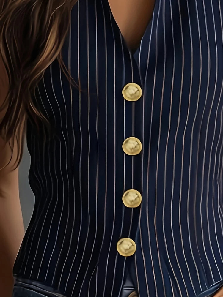 Women's Vintage Striped Sleeveless Stand Collar Blouse – Waist-Narrowing Button-Front Top