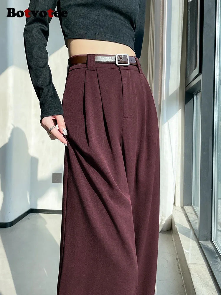 Women's High Waist Wide Leg Suit Pants with Pockets – Elegant Office Lady Trousers