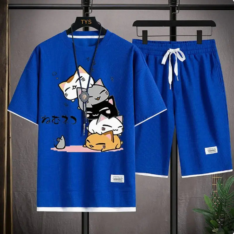 2024 Men's Summer Waffle Set Brand Fashion Casual T-shirt+Shorts Set Men's Sports Set Loose ComfortableSlo Two-piece Set