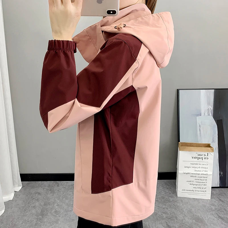 Women's Waterproof Hooded Hiking Windbreaker – Patchwork Sports Outdoor Raincoat
