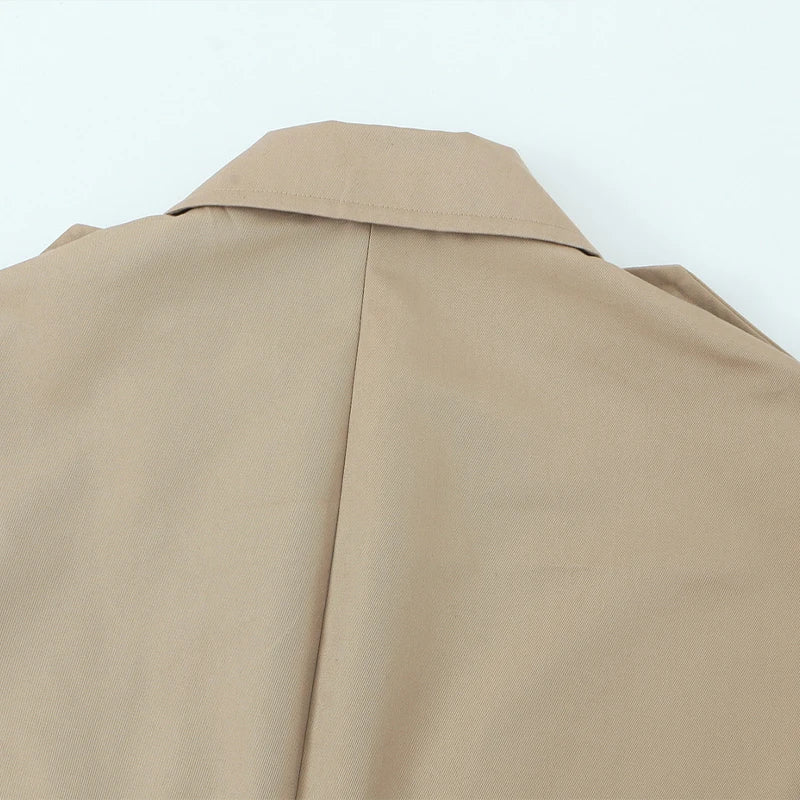 Women's Khaki Double-Breasted Short Trench Jacket – Notched Neck Chic Coat