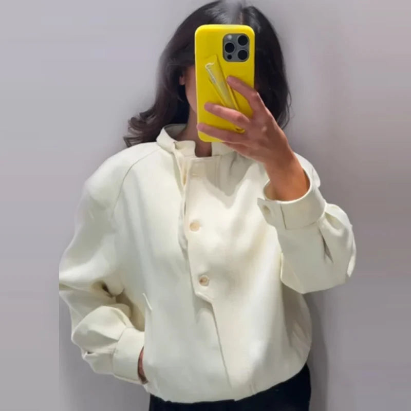 HXAO 2025 Women's Bomber Jacket Autumn Winter Button Oversized Outerwears Beige Long Sleeve Top New In Coats & Jackets Chic Coat