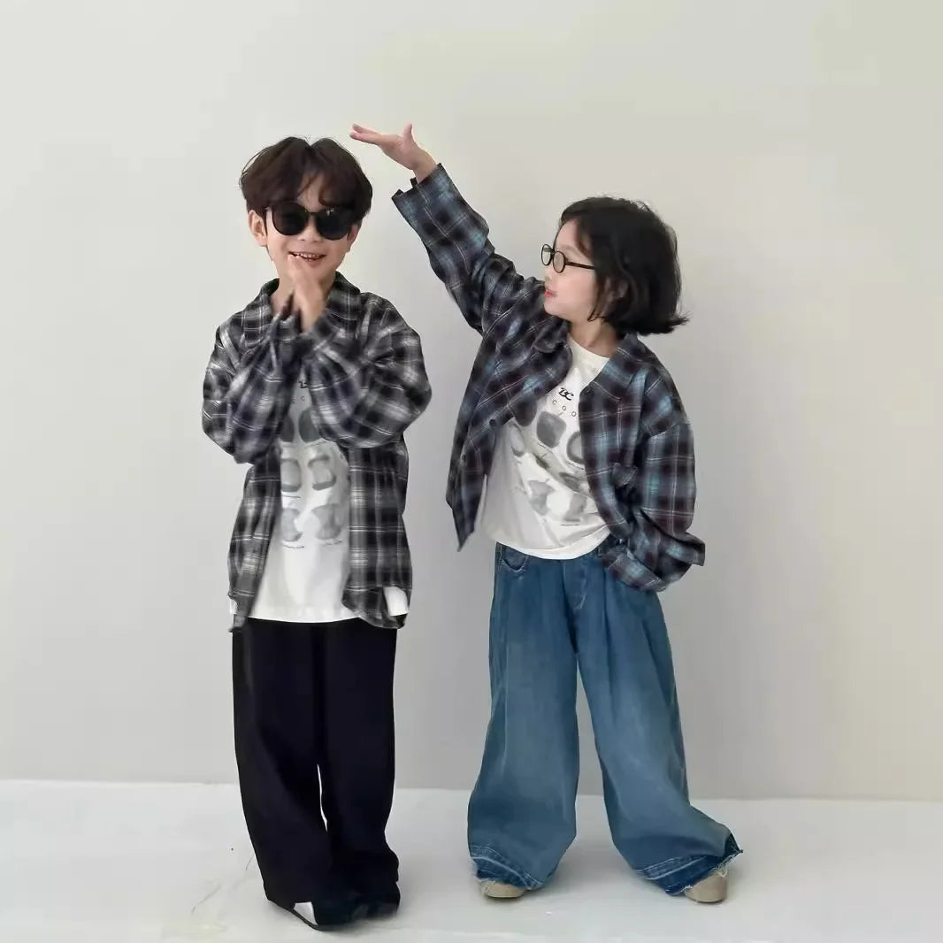 Kids Korean Velvet Plaid Long Sleeve Shirt – Casual Loose Autumn Top