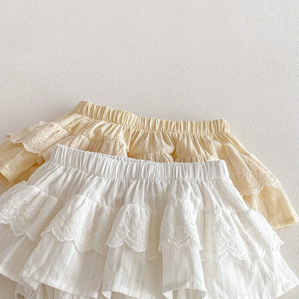 Baby Girls Ruffles Lace Skirt Shorts Kids Embroidery Pettiskirt Toddler Tutu Skirt Infant Bloomers Cake Layeres PP Shorts 0-3t