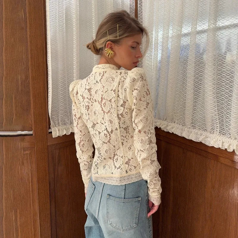 Elegant Embroidery Puff Sleeve White Shirts Summer Sexy Hollow Out Lace Blouse Casual Sand Collar Top 2025 Vintage Shirts