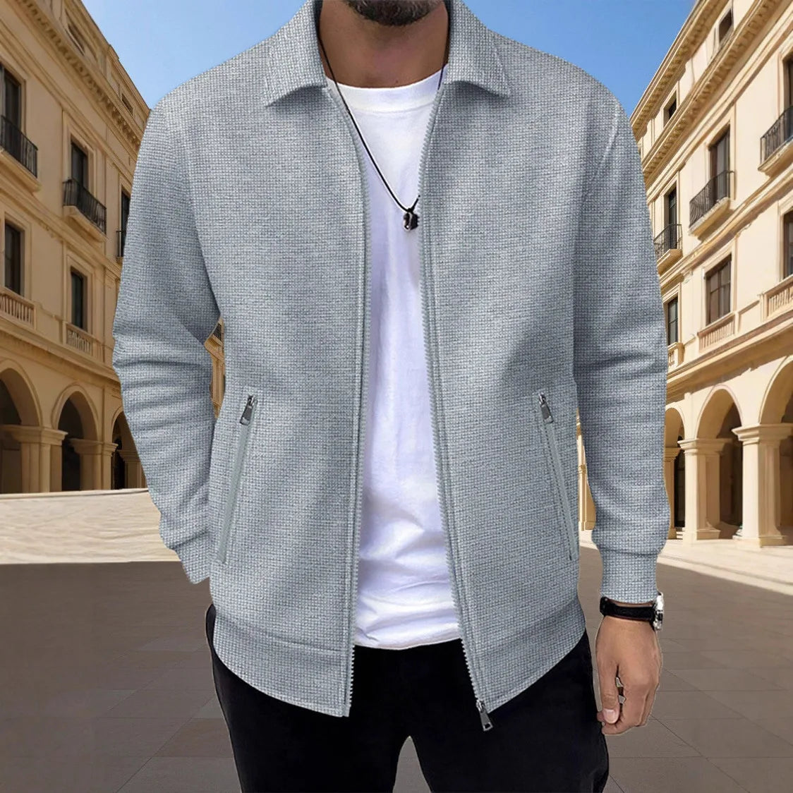 Men's Slim Waffle Texture Zipper Cardigan – Casual Spring Autumn Fashion Top