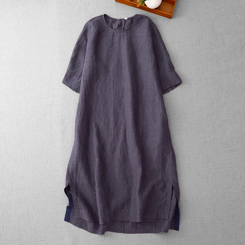 Retro Cotton Linen Mid-Sleeve Dress Summer New Style Slimming Women's A-Line Midi Skirt Casual Loose Waist Comfortable Fit