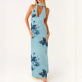 Maemukilabe Sexy Sleeveless Low Cut Print Maxi Dress Boho Halter Neck Slim Fit Flowy Long Dress Backless Floral Summer Beachwear