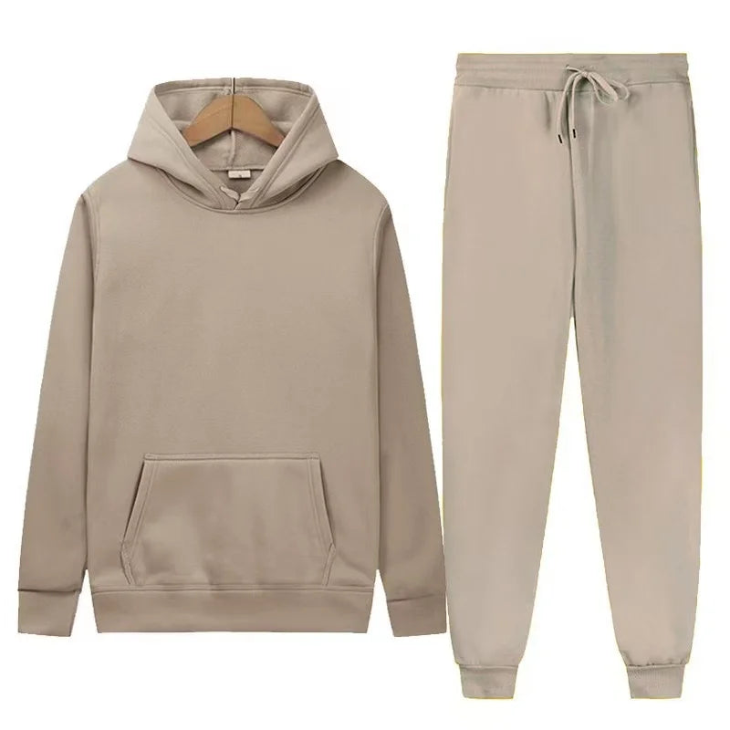 Men's Solid Color Hoodie & Pants 2-Piece Set – Casual Sports Tracksuit