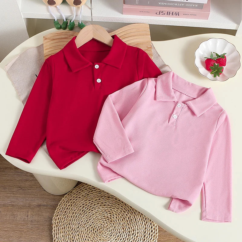 Kids Solid Color Polo Shirt – Long Sleeve Lapel Top for Boys & Girls