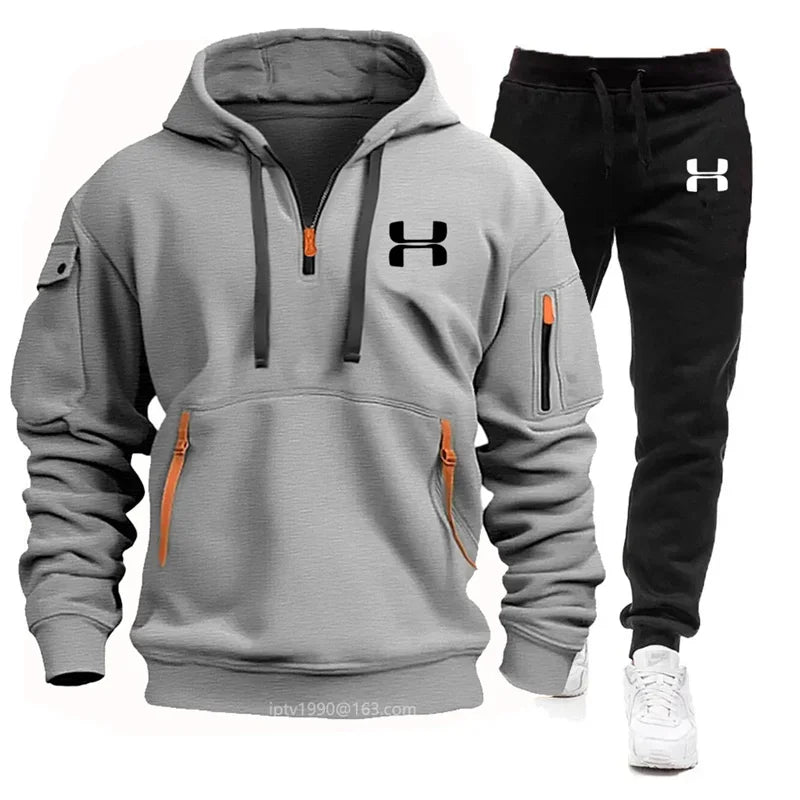 Men's Multi-Pocket Hoodie & Jogger Pants Set – 2-Piece Fitness Tracksuit