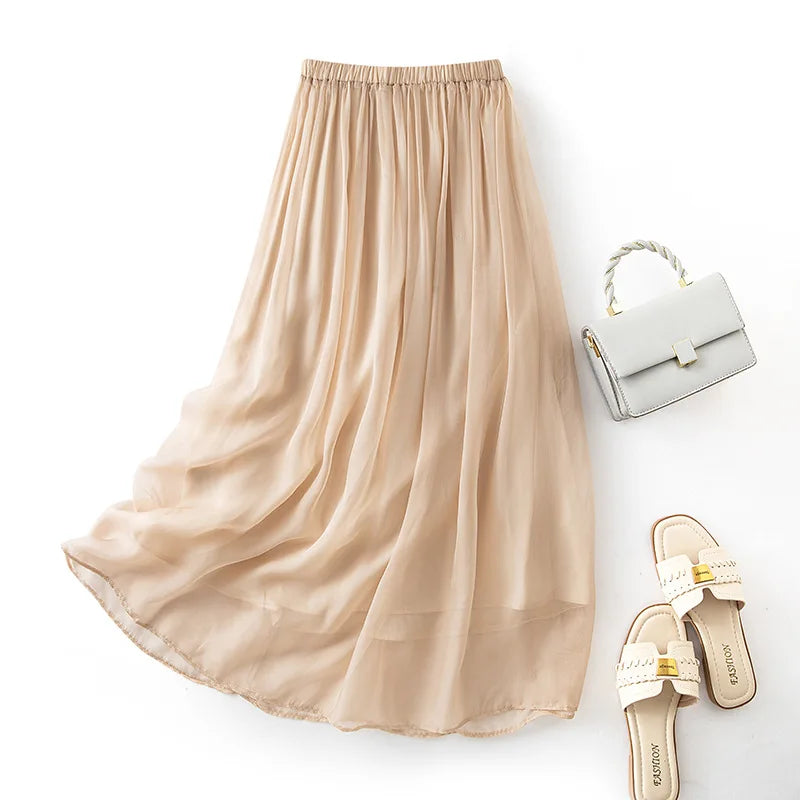 Women's 100% Real Silk Midi Skirt – Elegant French Temperament Fairy Commute Skirt