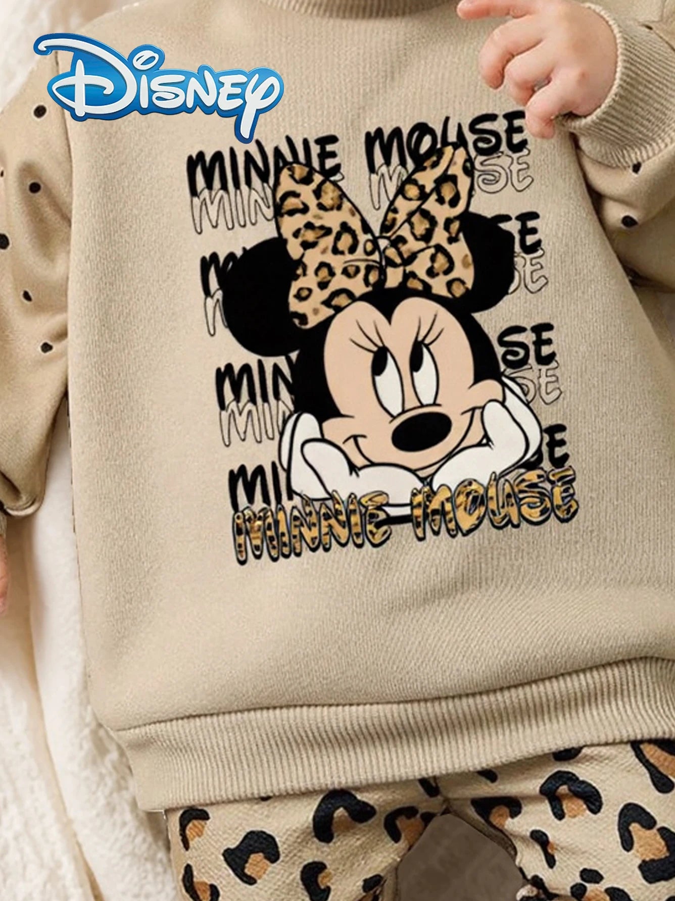 Disney Officially Licensed Mickey Mouse Autumn/Winter Casual Long-Sleeve and Long-Pants Set for Newborn Baby Girls, Featuring Leopard Print and Cute Cartoon Minnie Mouse Prints, Versatile and Comfortable Children's Clothing f