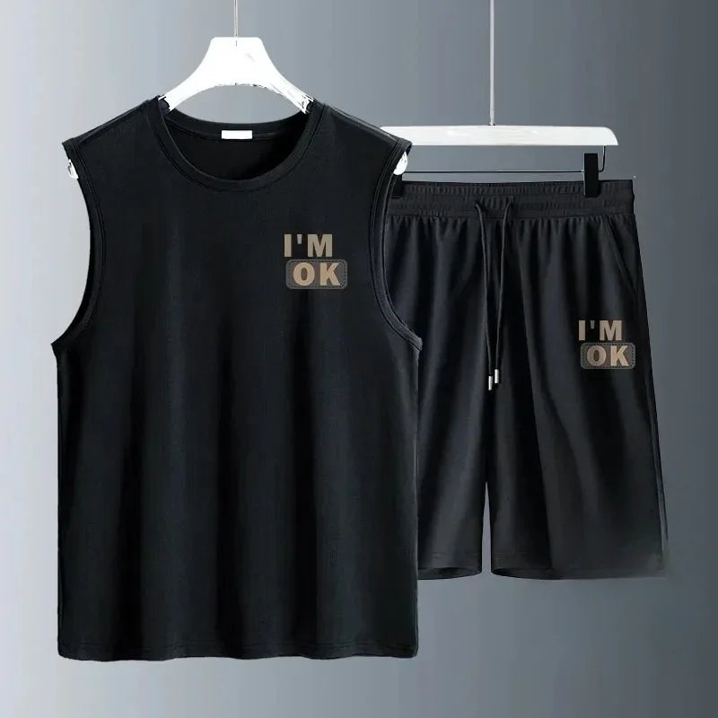 ملابس رجالية صيفية 2024، تصميم هاراجوكو، ملابس رياضية عصرية تسمح بمرور الهواء، طقم كرة سلة كاجوال مكون من قطعتين: تيشيرت بأكمام قصيرة وشورت