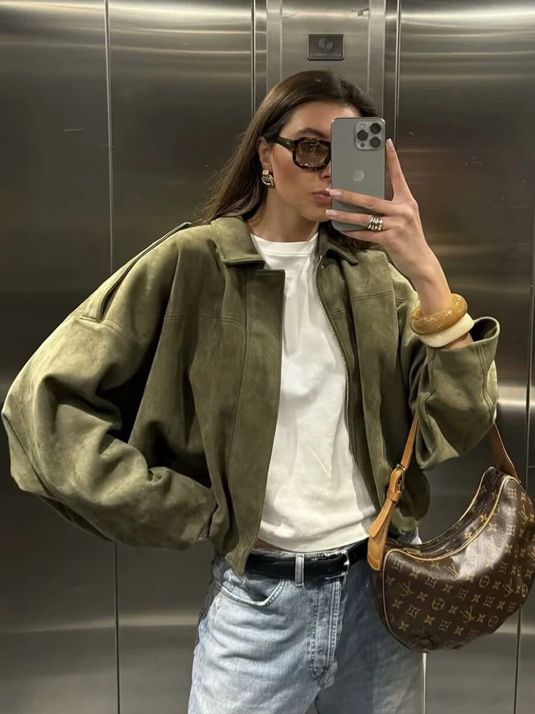 Women's Green Suede Oversize Bomber Jacket – Long Sleeve Zipper Casual Street Coat
