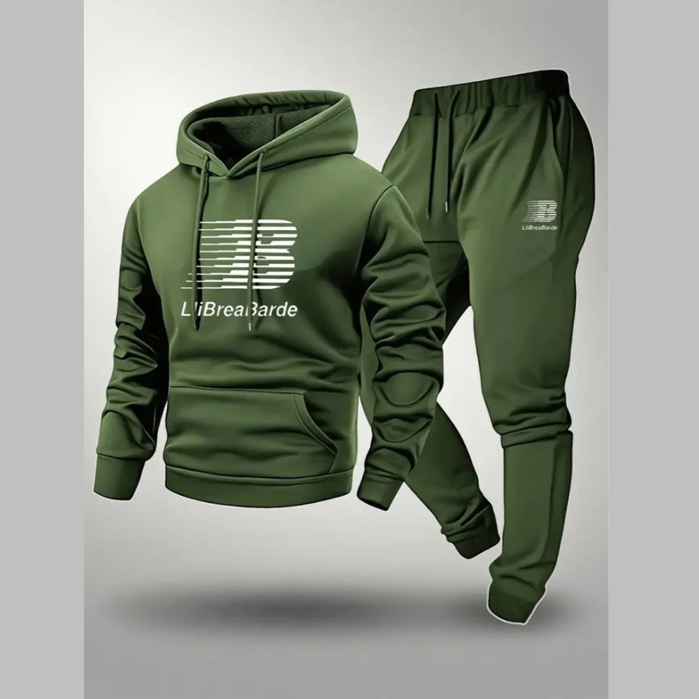 Men's letter printed casual hooded sports set -100% polyester fiber long sleeved pullover paired with drawstring running pants,