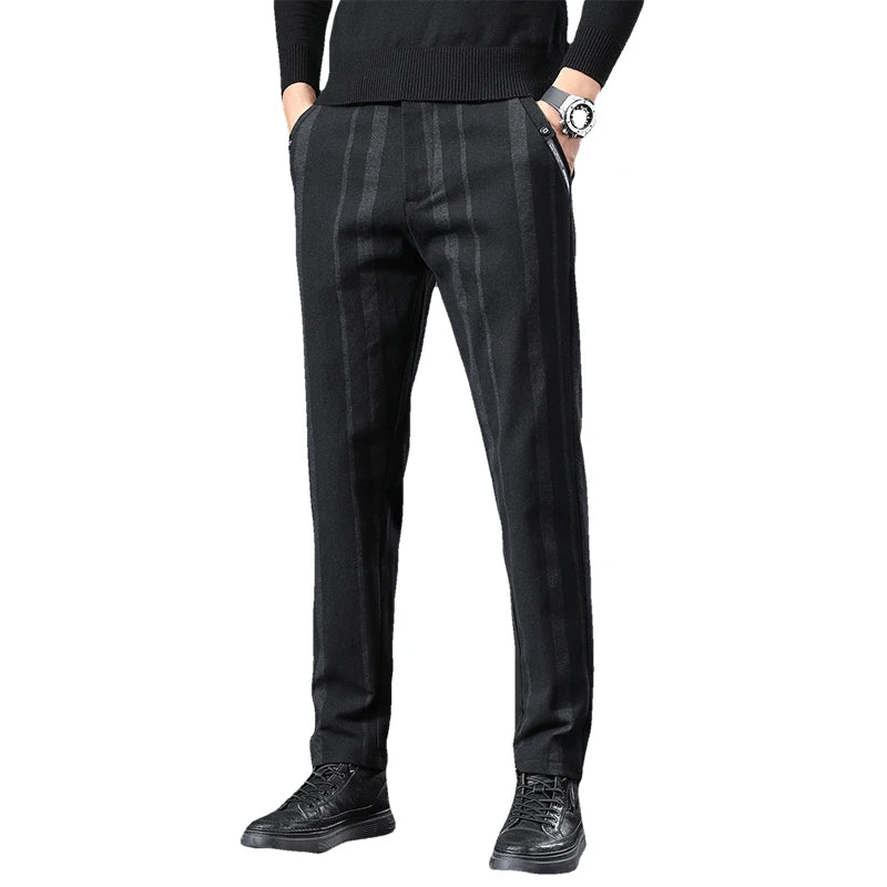2026 New Men's Grey Vertical Stripe Suit Pants, Business Casual Trousers, Blue-Black Pantalon. Asia Sizes