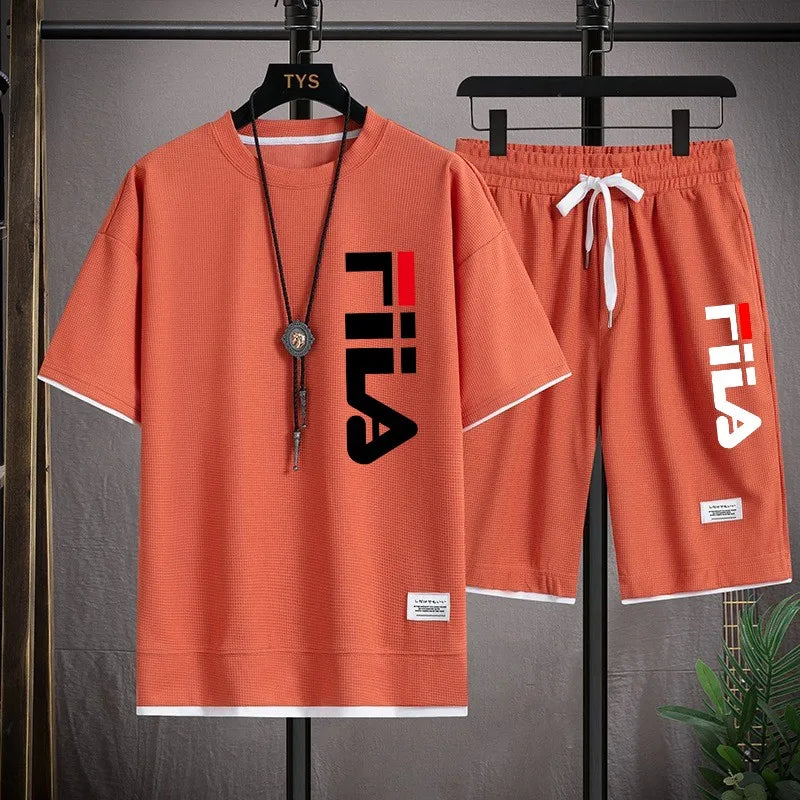 Fashionable printed T-shirt shorts set for men, sporty and comfortable, summer waffle style set