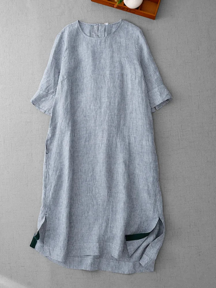 Retro Cotton Linen Mid-Sleeve Dress Summer New Style Slimming Women's A-Line Midi Skirt Casual Loose Waist Comfortable Fit