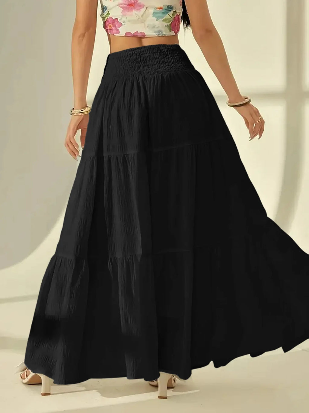 Women's Plus Size Layered Long Skirt – Casual Solid Elastic Waist Holiday Skirt