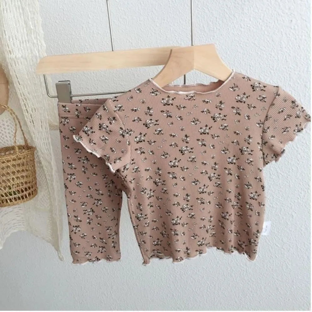 Kids Flower Print T-Shirt & Pants 2-Piece Set – Casual Home Clothes