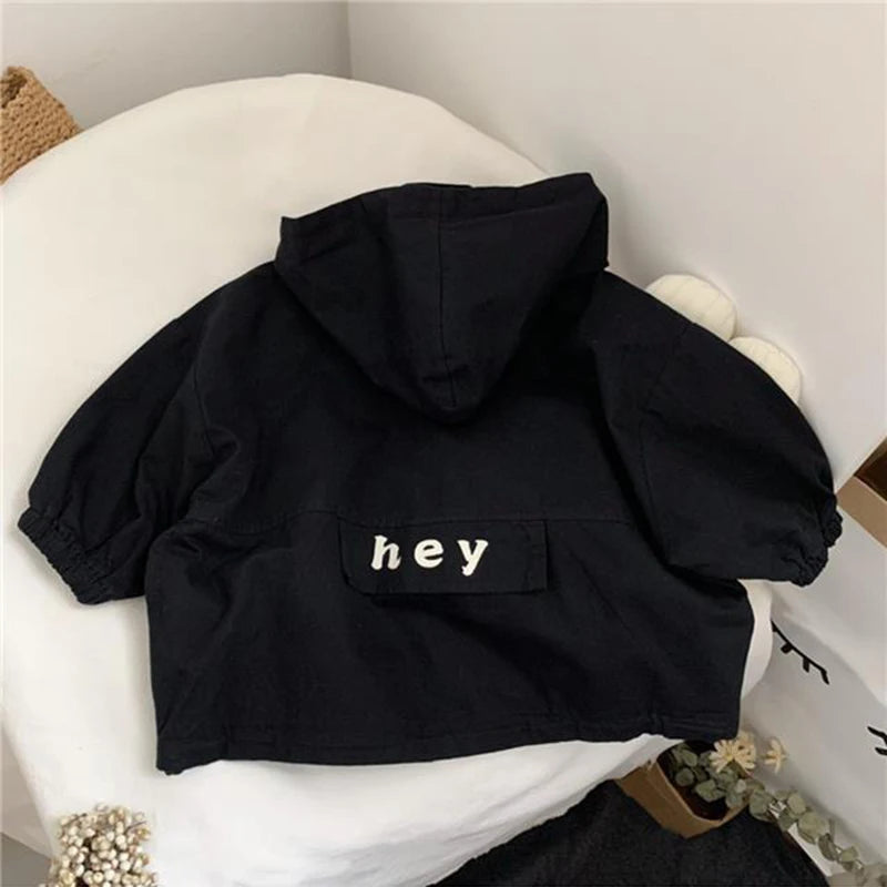 Boys Hooded Letter Windbreaker Jacket – Fashion Long Sleeve Zipper Coat Ages 2–7