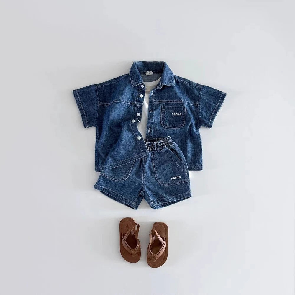 Baby Denim Shirt & Shorts Set – Korean Style Cute 2-Piece Toddler Outfit