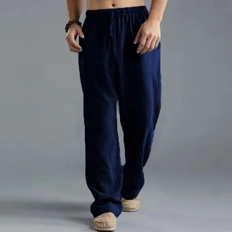 Solid Color Cotton Linen Men Pants Minimalist Basic Casual Drawstring Trousers Thin Plus Size Loose Straight Leg Pant