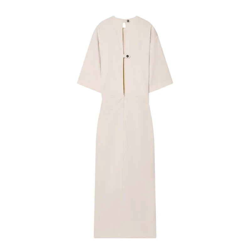 Elegant Beige Midi Dress Women Half Sleeve Round Neck Ruched Waist Ruffle Slit Formal Outfit