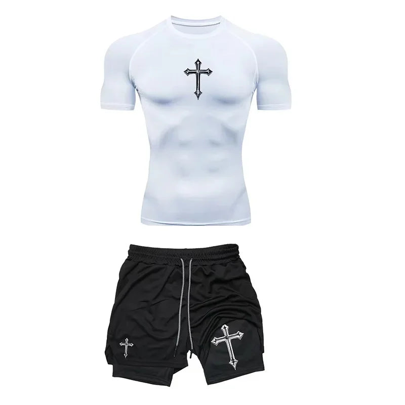 Fashionable printed breathable compression sportswear men's training two-piece set tight T-shirt shorts gym workout set