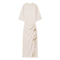 Elegant Beige Midi Dress Women Half Sleeve Round Neck Ruched Waist Ruffle Slit Formal Outfit