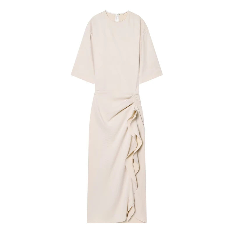 Elegant Beige Midi Dress Women Half Sleeve Round Neck Ruched Waist Ruffle Slit Formal Outfit
