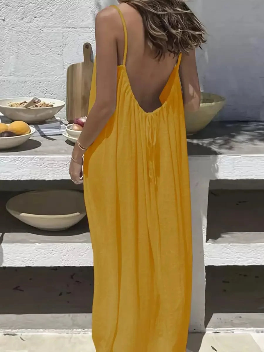 Women's Loose Spaghetti Strap Casual Summer Dress – Solid Color Vacation Homewear