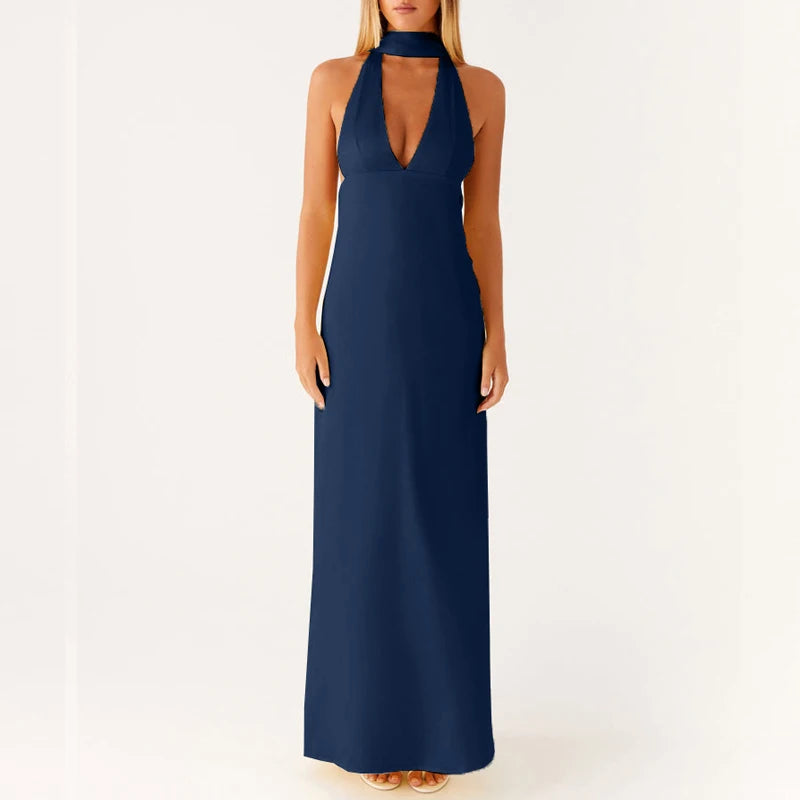 Maemukilabe Sexy Sleeveless Low Cut Print Maxi Dress Boho Halter Neck Slim Fit Flowy Long Dress Backless Floral Summer Beachwear