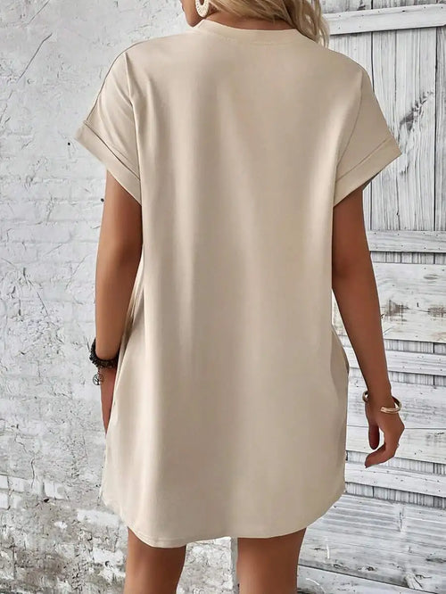 Beige Solid Batwing Sleeve Loose Mini Dress for Casual Summer Wear