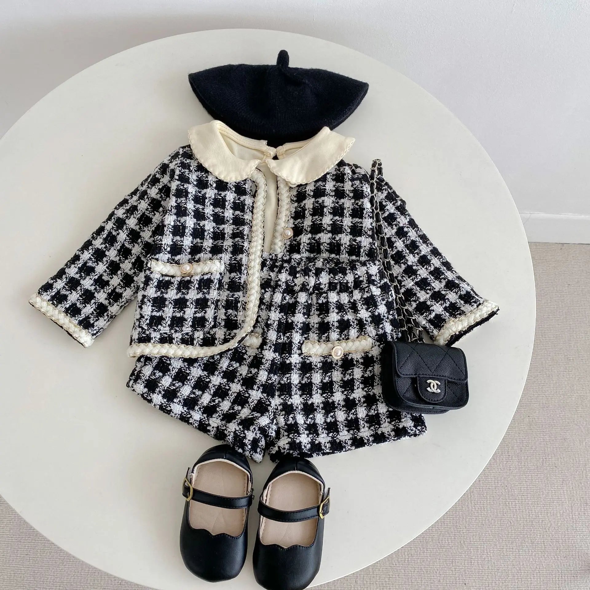 Two Piece Set For Spring And Autumn New Baby Boys And Girls' Tweed Black Plaid Long Sleeved Shirt With Open Coat And Short Pant