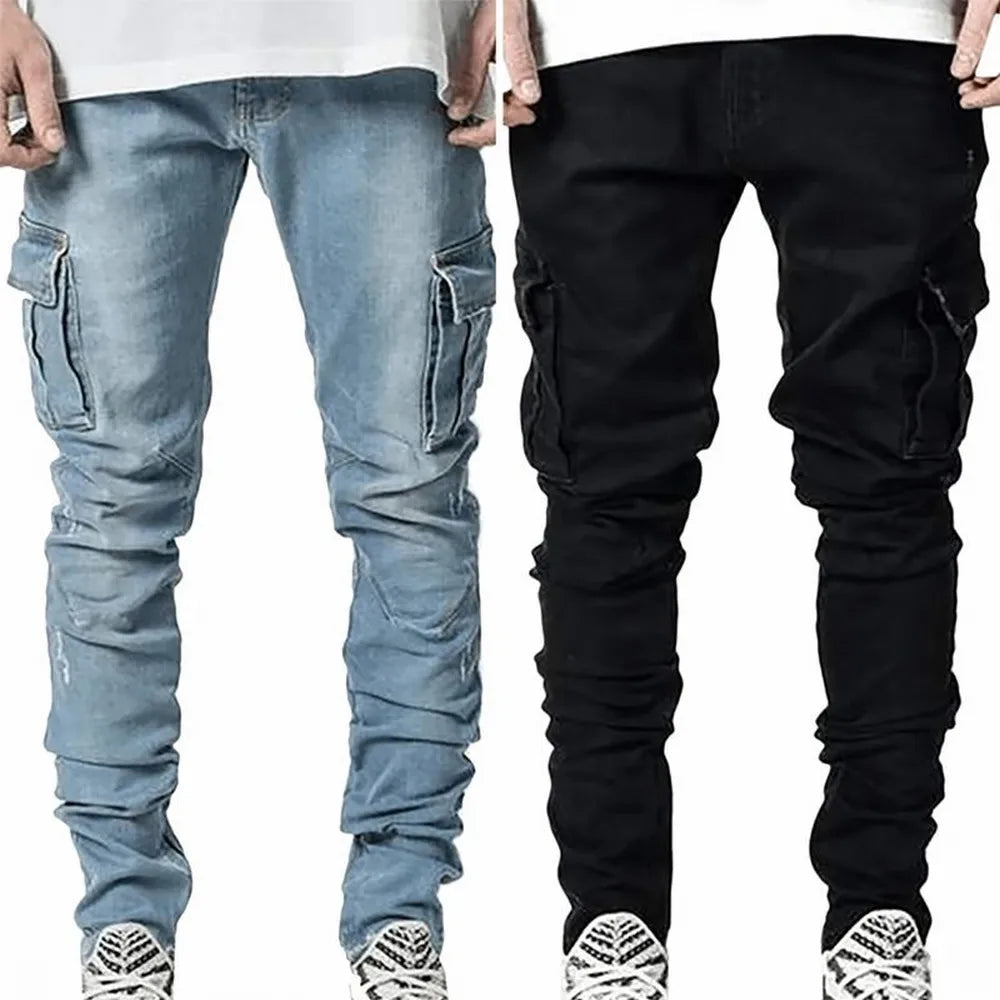 Men's Elastic Denim Cargo Jogger Jeans – Slim Fit Multi-Pocket Street Trousers