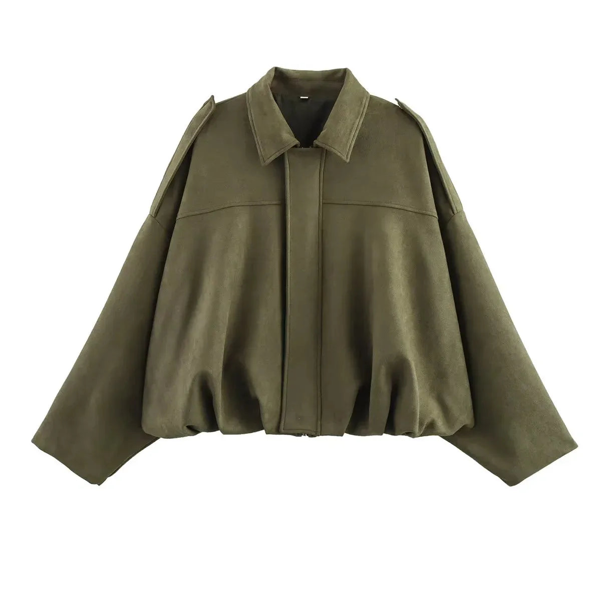 Women's Green Suede Oversize Bomber Jacket – Long Sleeve Zipper Casual Street Coat