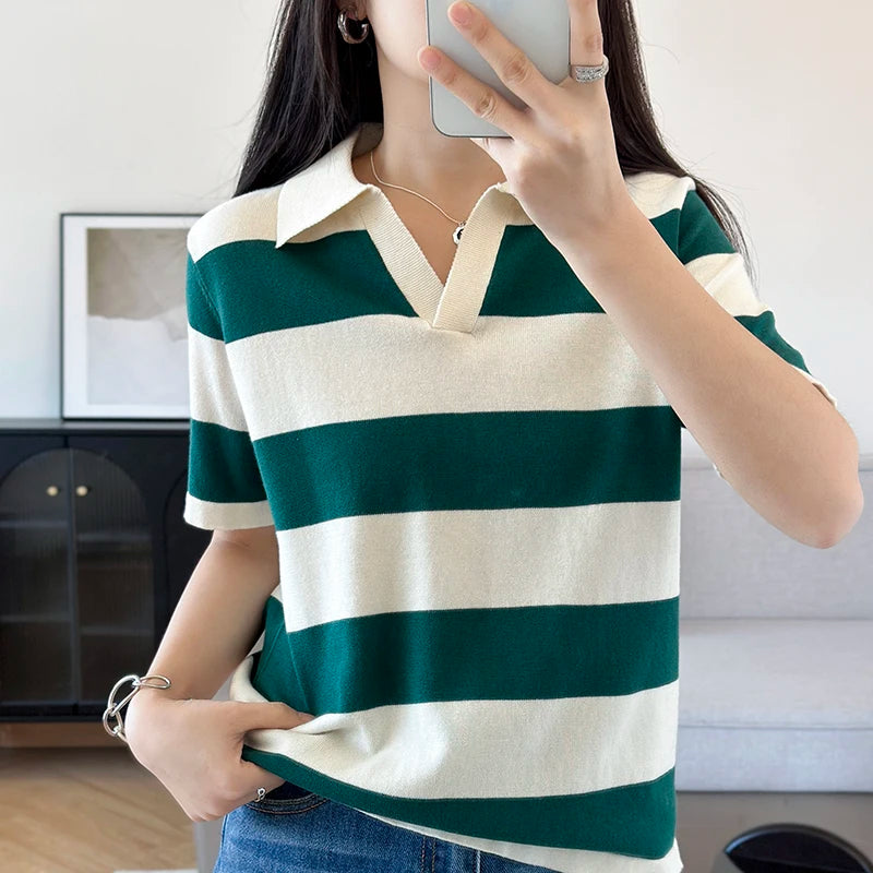 Women's Solid Polo Shirt – Half Sleeve Cotton Striped Casual Knit T-Shirt