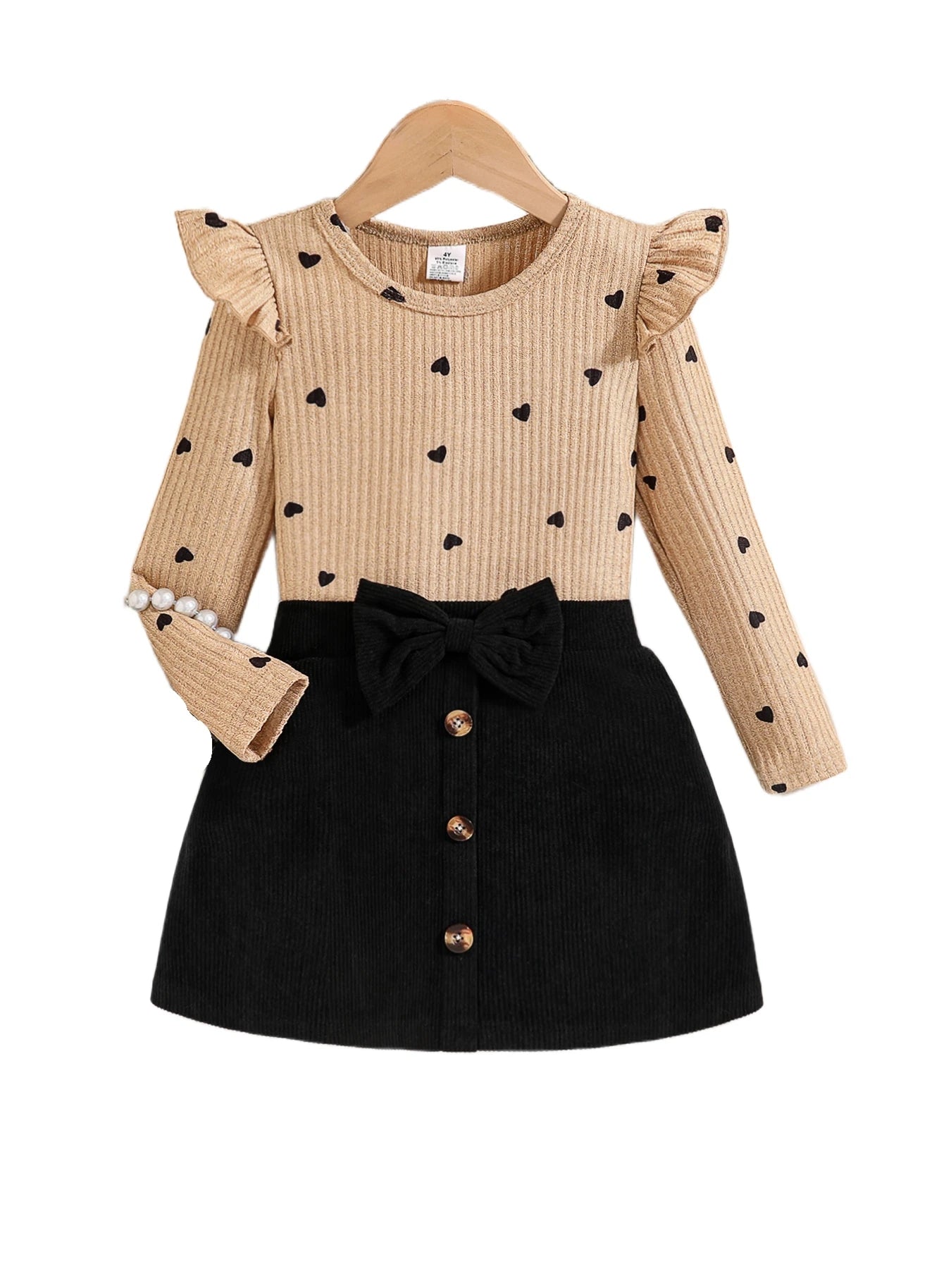 Girls Heart Print Long Sleeve Top & Bow Skirt Set – Elegant 2-Piece Outfit