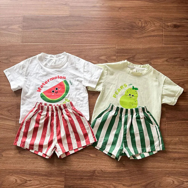 Girls Cartoon T-Shirt & Striped Shorts Set – Cotton Loose 2-Piece Summer Outfit Ages 1–9