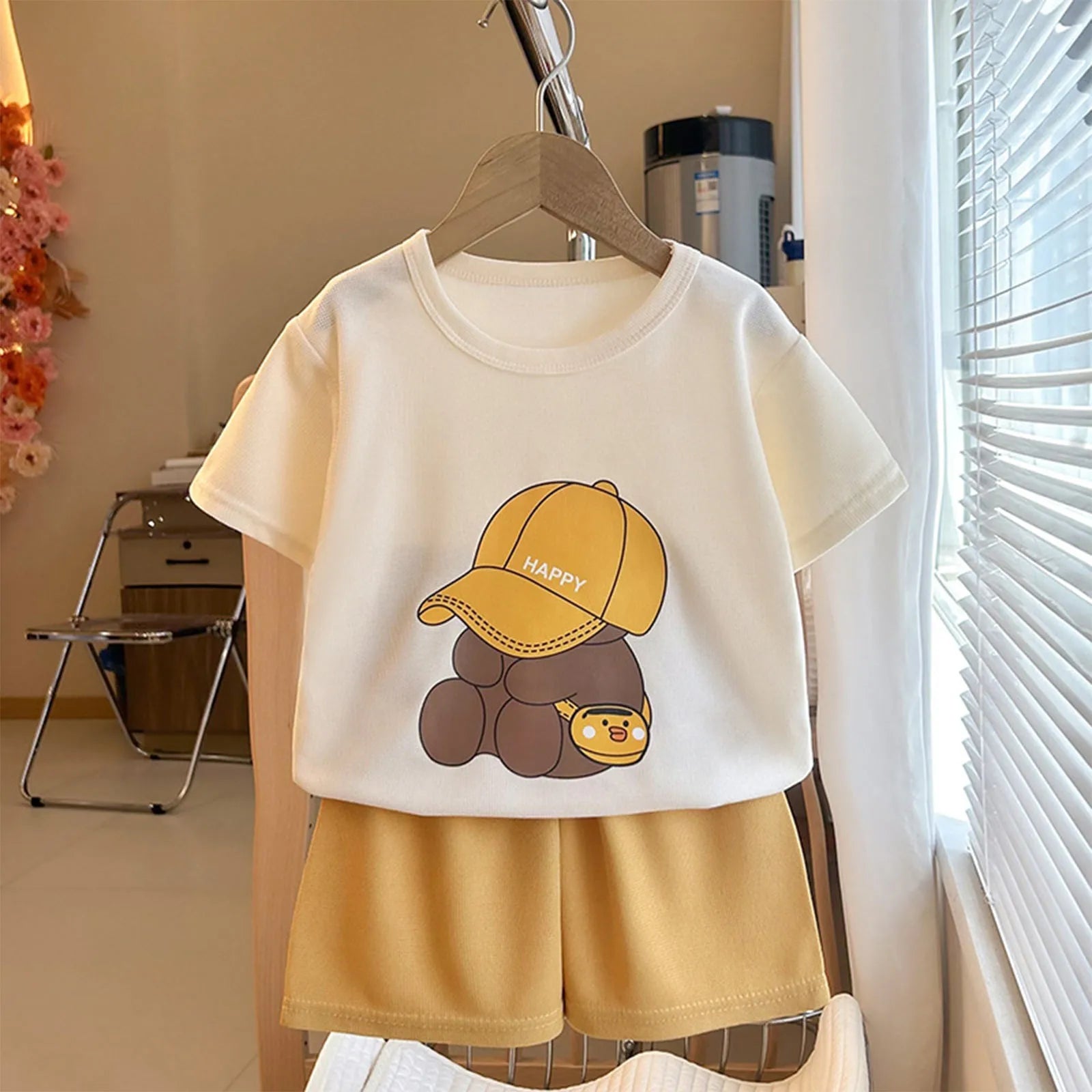 Boys Bear Print Short Sleeve T-Shirt & Shorts Set – Cotton 2-Piece Casual Outfit