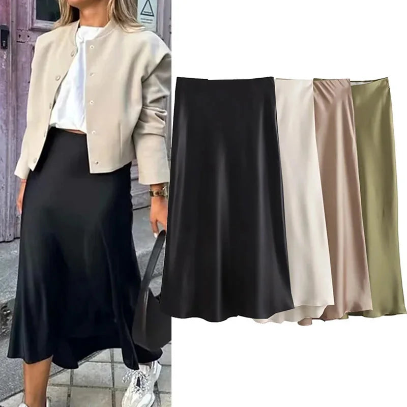 Women's Black Satin High Waist Midi Skirt – Elegant Office Summer Skirt
