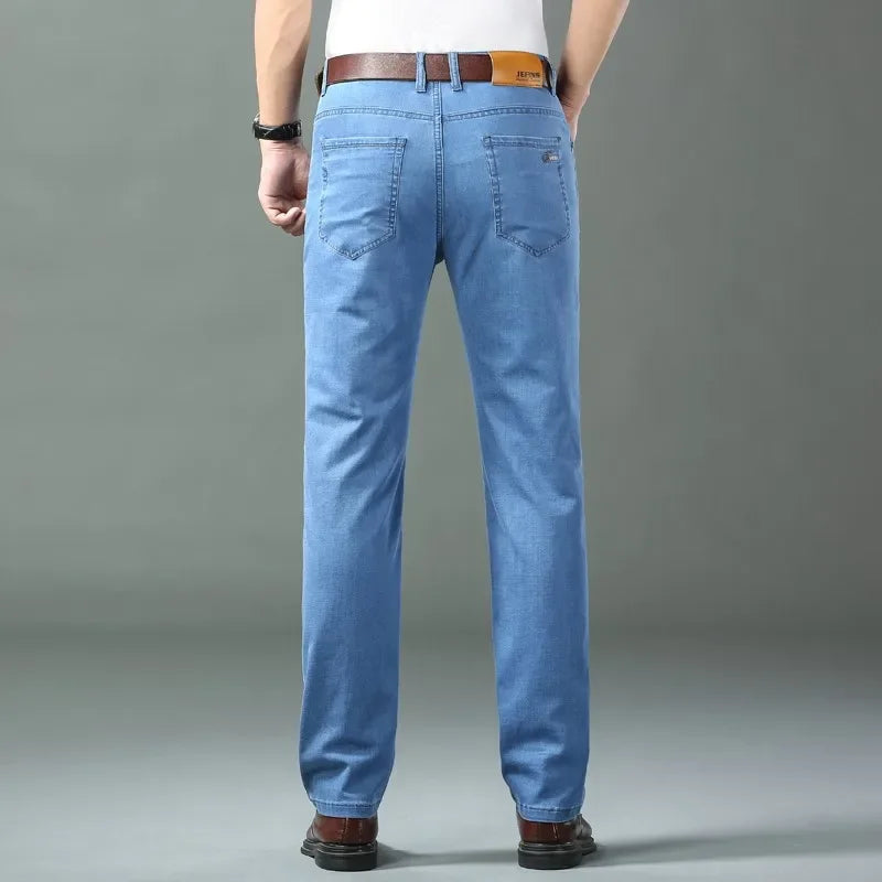 Men's Ice Silk Thin Straight Denim Jeans – Lightweight Business Casual Trousers