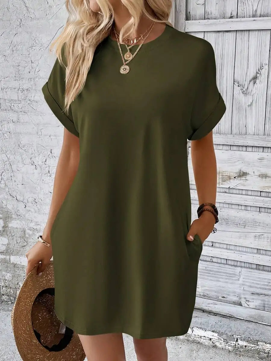 Beige Solid Batwing Sleeve Loose Mini Dress for Casual Summer Wear