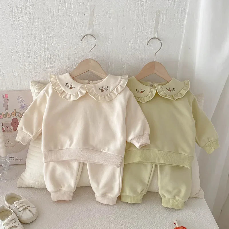 2025 New Spring 0-4Yrs Infant Baby Girls Clothing Set Long Sleeved Cotton Embroidery Pullover+Pants Toddler Baby Clothes Suit