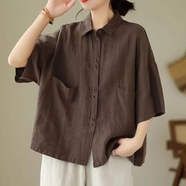 Women's Retro Cotton Linen Short Sleeve Casual Shirt – Loose Korean Fashion Top