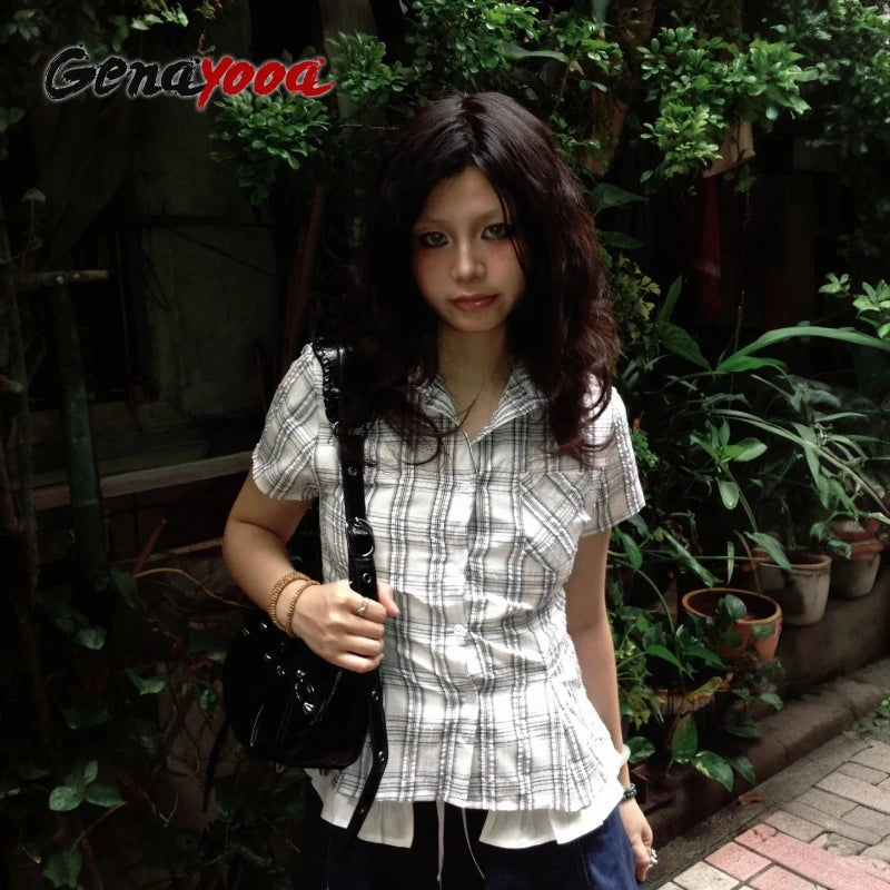 Genayooa Y2k Japanese Shirt Women Slim Short Sleeve Plaid Tee Tops American Retro Vintage Blouse And Shirt Streetwear Casual Top