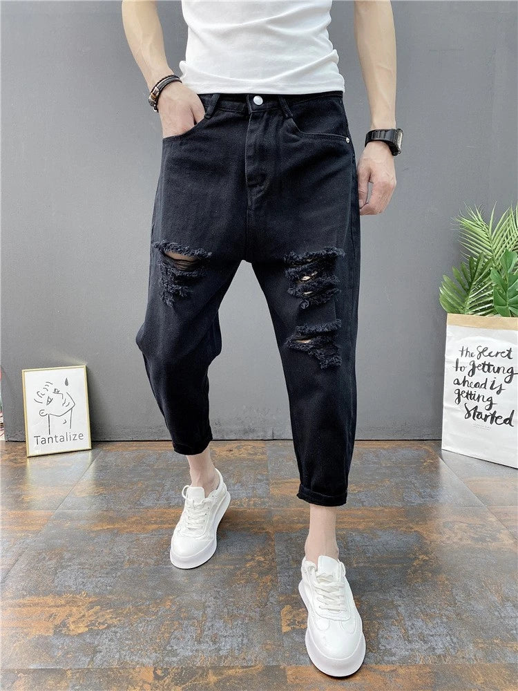 Korean Ankle-Length Distressed Jeans Men White Breathable Slim Fit Ripped Denim Pants Four Season Narrow Leg Harem Male Trousers